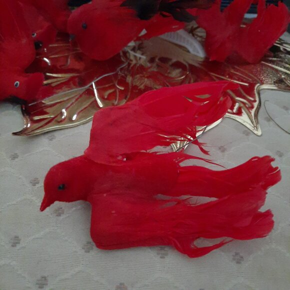 12 Vintage Feathered Red Bird Christmas Tree Decorations - Picture 5 of 8